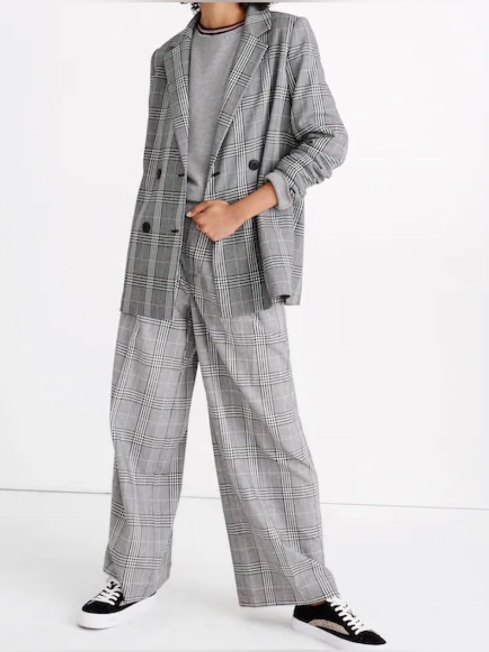 Madewell Double-Breasted Blazer in Plaid black grey white size small
